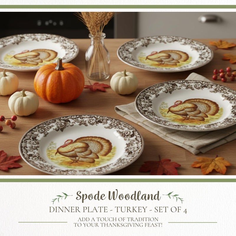 Spode Woodland Turkey Set of 4 Dinner Plates, 10.5" - Thanksgiving Tableware, Collectible Holiday Dish with British Flowers Border, Fine Earthenware - Dishwasher, Microwave, Oven Safe - Image 2